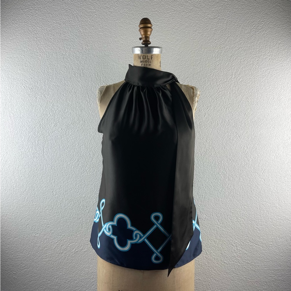 Banana Republic l PS Silky Brown Navy Blue Sleeveless Ascot Tie Bow Tank Blouse